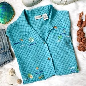 Vintage Teal Embroidered Summer Shirt